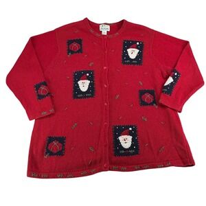 The Quacker Factory Santa Presents Cardigan Sweater Women Plus 1X Red Festive